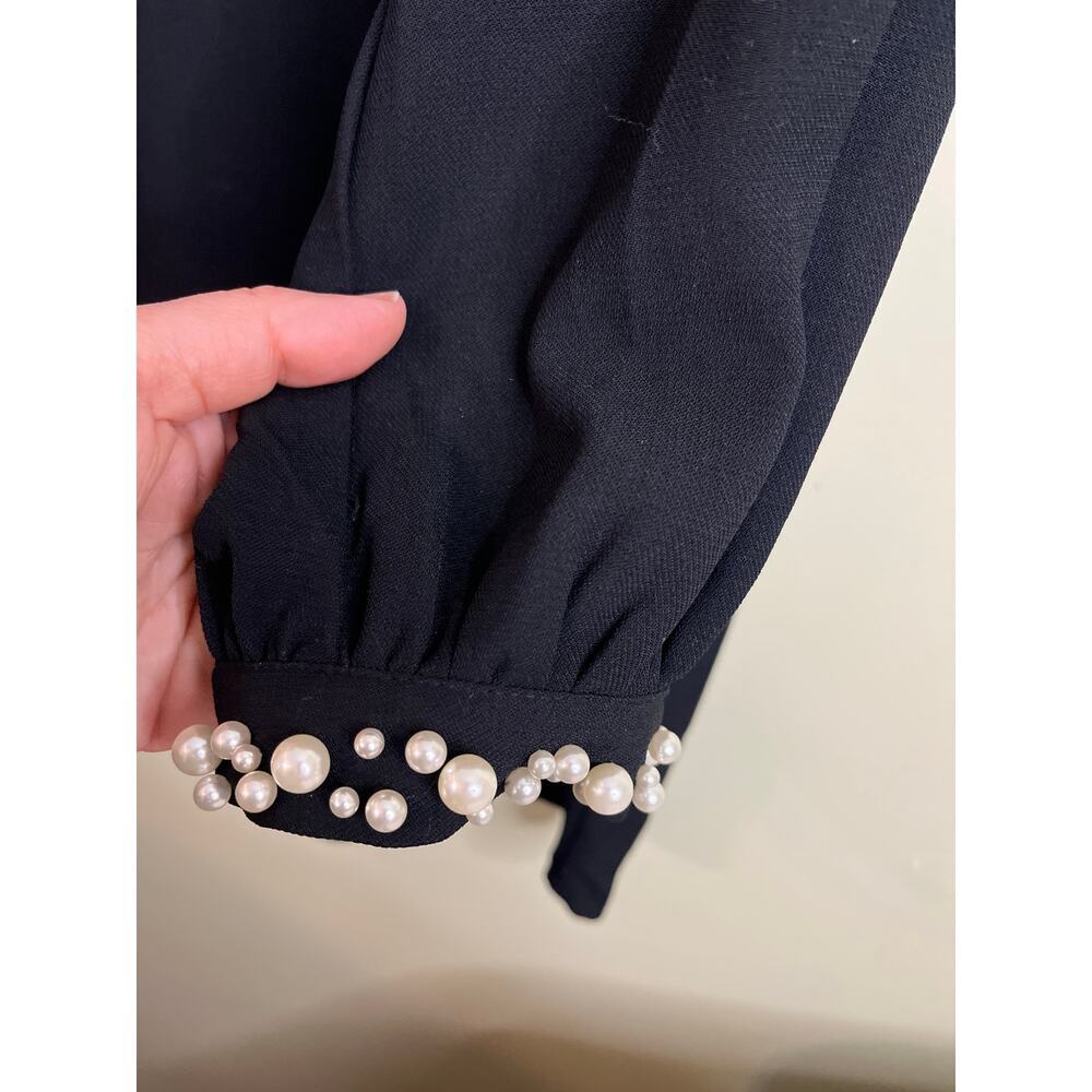 H&M black mini shift dress with pearl-cuffed long sleeve, size 10 - Picture 4 of 14